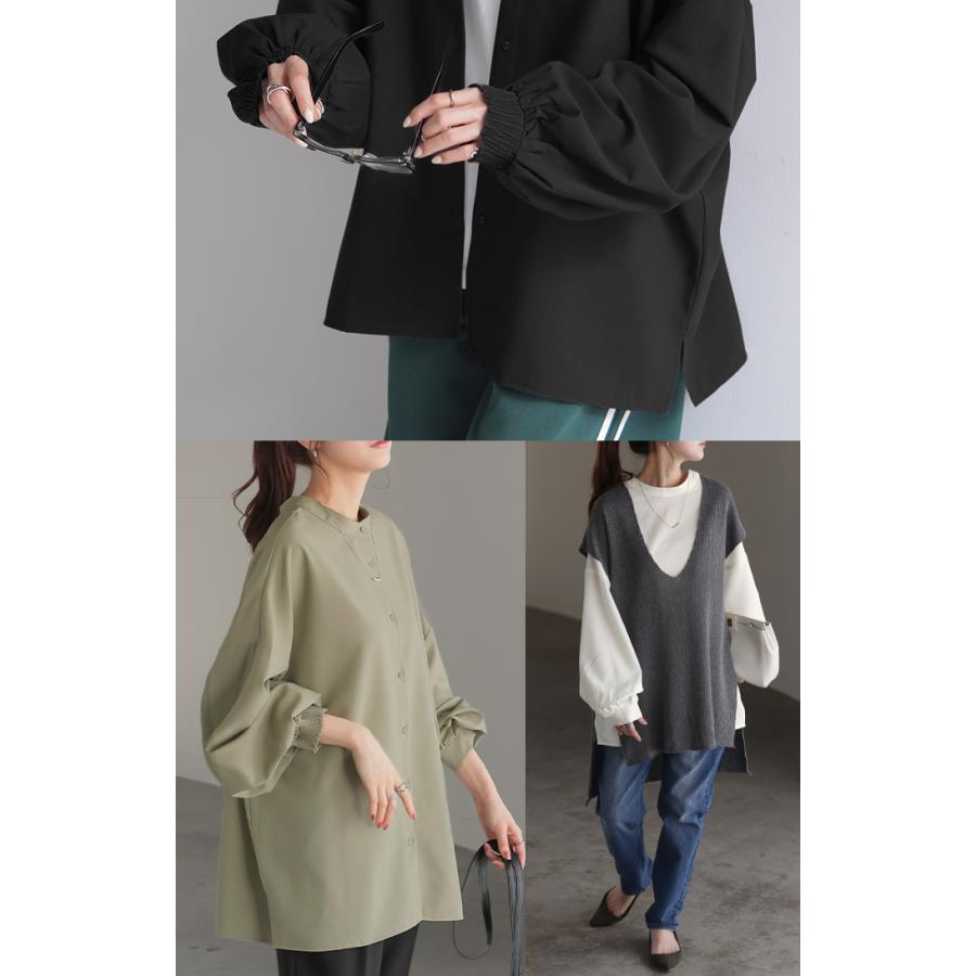 シャツ ブラウス ロング レディース トップス アウター ボリュームスリーブ ノーカラー スタンドネック | HUG.U | 12