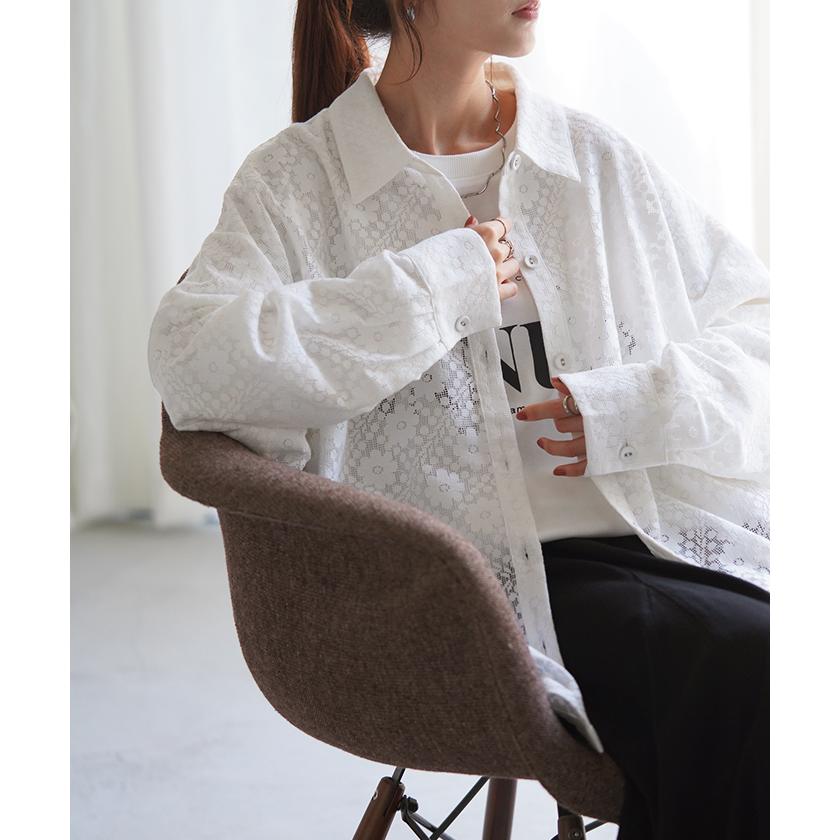 シャツ レディース レース シアー チュニック トップス 柄 花柄 ブラウス シアーシャツ オーバーサイズ 長い | HUG.U | 11