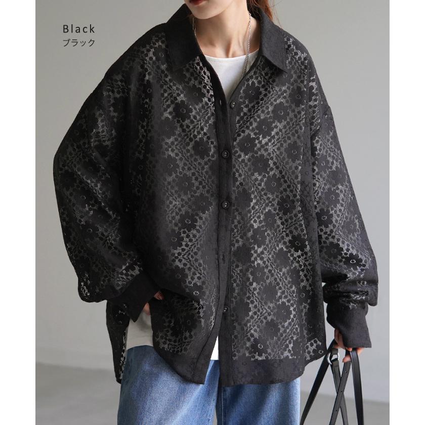 シャツ レディース レース シアー チュニック トップス 柄 花柄 ブラウス シアーシャツ オーバーサイズ 長い | HUG.U | 17