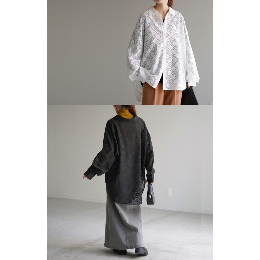 シャツ レディース レース シアー チュニック トップス 柄 花柄 ブラウス シアーシャツ オーバーサイズ 長い | HUG.U | 19