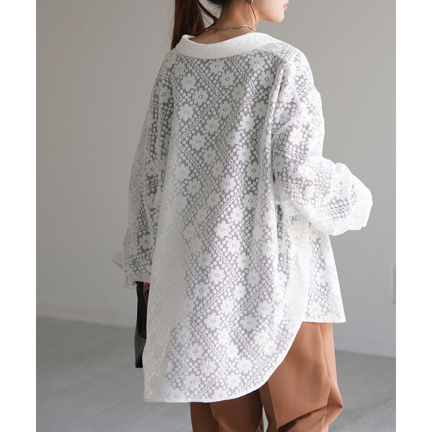 シャツ レディース レース シアー チュニック トップス 柄 花柄 ブラウス シアーシャツ オーバーサイズ 長い | HUG.U | 06