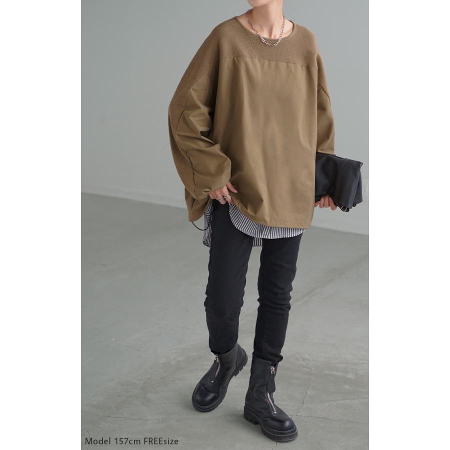 トップス 異素材 ニット スウェット トレーナー レディース ドッキング プルオーバー セーター モックネック | HUG.U | 06