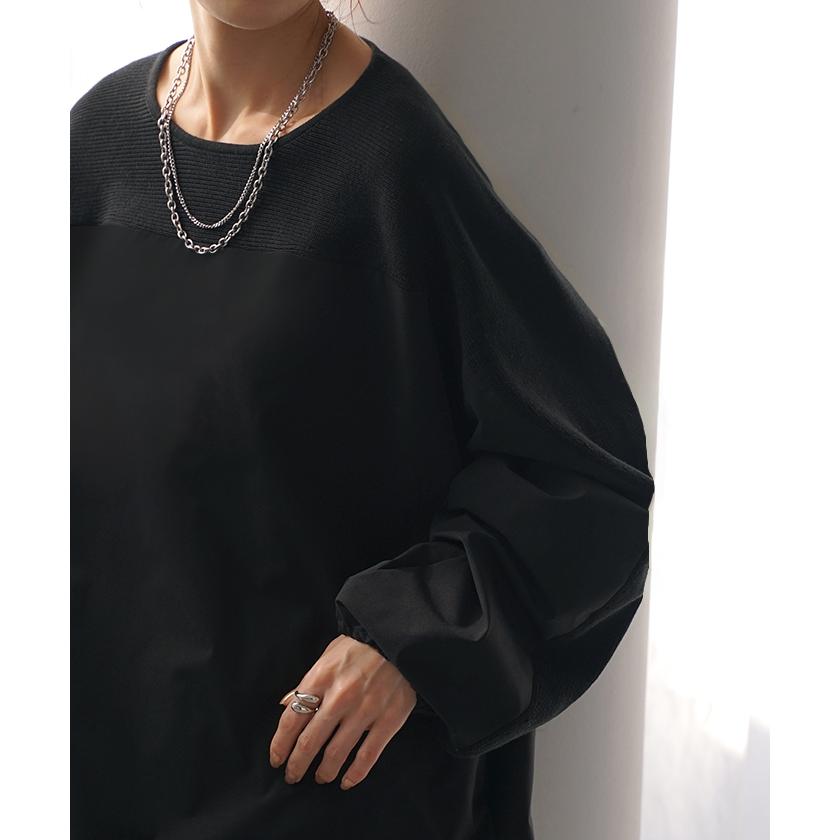 トップス 異素材 ニット スウェット トレーナー レディース ドッキング プルオーバー セーター モックネック | HUG.U | 12