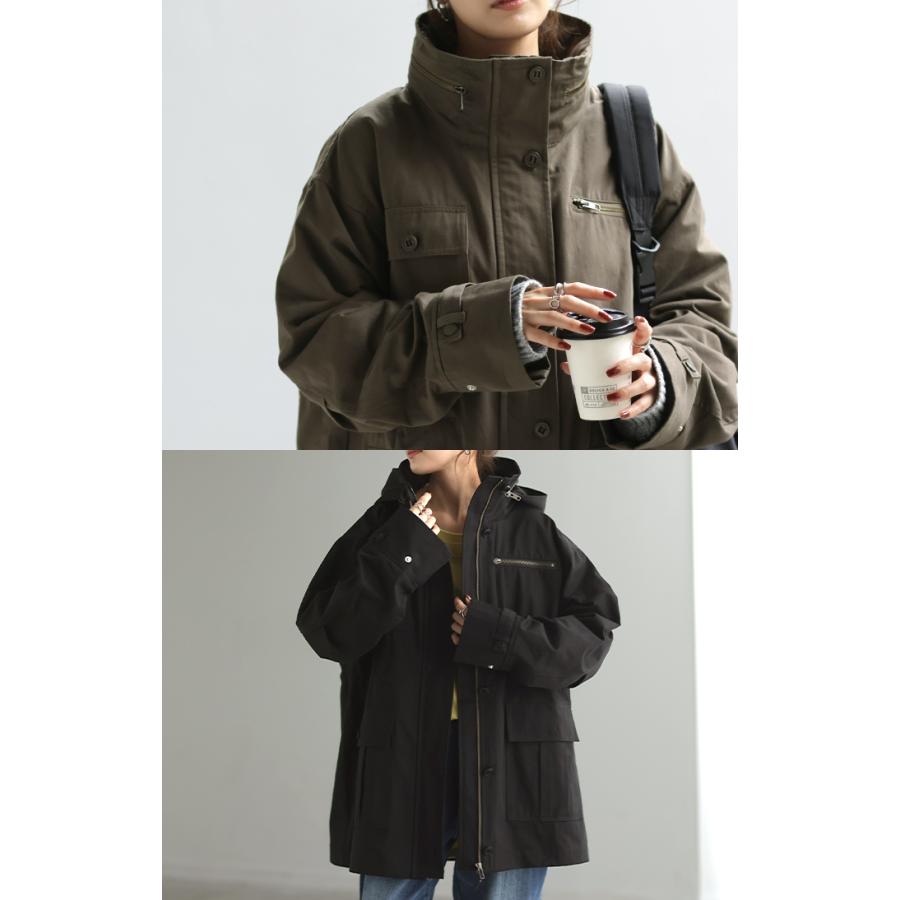 ジャケット ミリタリー コート レディース アウター ロング チュニック ハイネック ライトアウター ブルゾン 無地 長袖 お尻が隠れる ドロップショルダー | HUG.U | 05