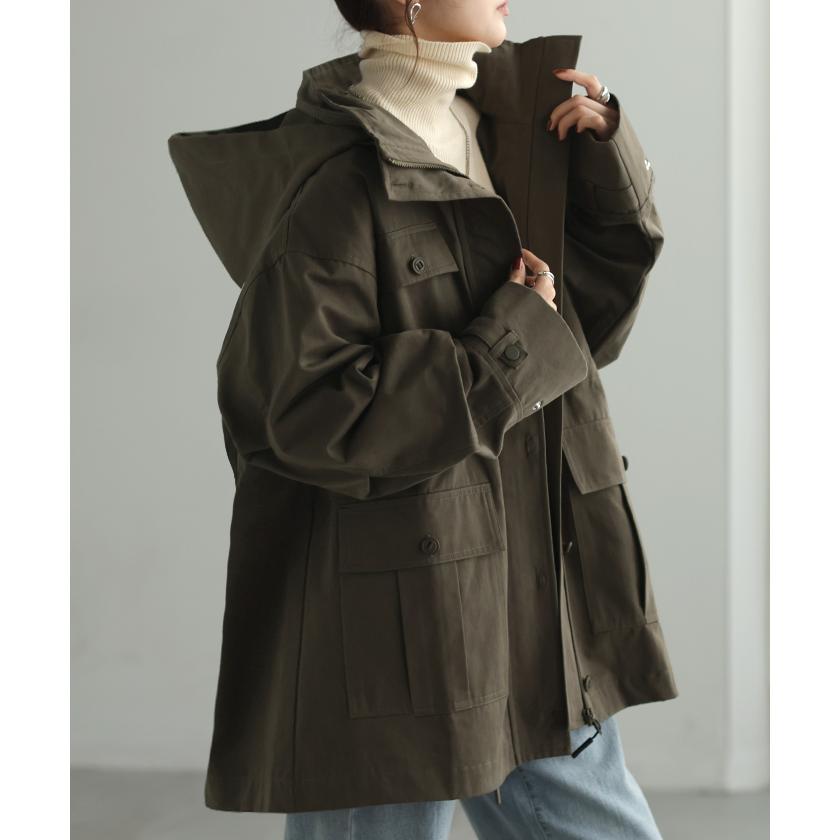 ジャケット ミリタリー コート レディース アウター ロング チュニック ハイネック ライトアウター ブルゾン 無地 長袖 お尻が隠れる ドロップショルダー | HUG.U | 07