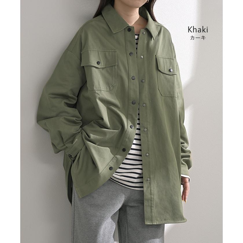 ジャケット バック プリント レディース アウター 綿100％ ロング 襟 無地 長袖 羽織 ライトアウター ミリタリージャケット | HUG.U | 12