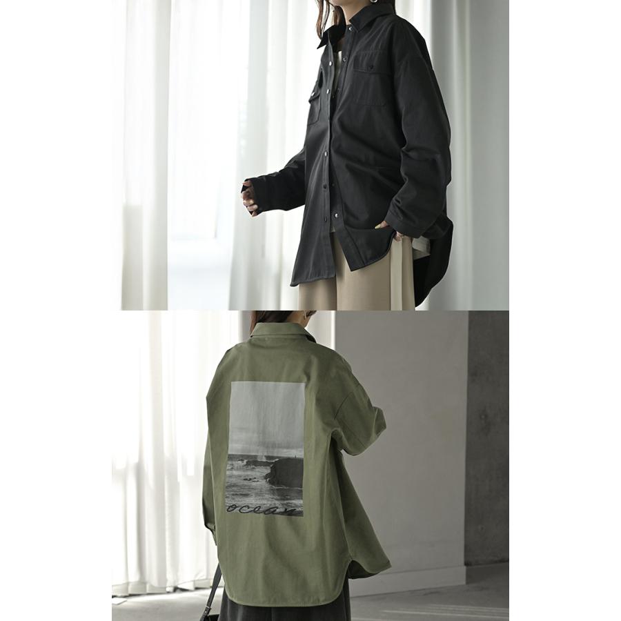 ジャケット バック プリント レディース アウター 綿100％ ロング 襟 無地 長袖 羽織 ライトアウター ミリタリージャケット | HUG.U | 19