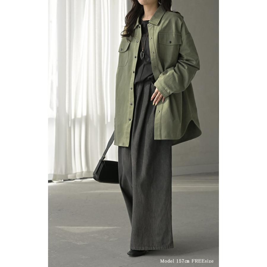 ジャケット バック プリント レディース アウター 綿100％ ロング 襟 無地 長袖 羽織 ライトアウター ミリタリージャケット | HUG.U | 05