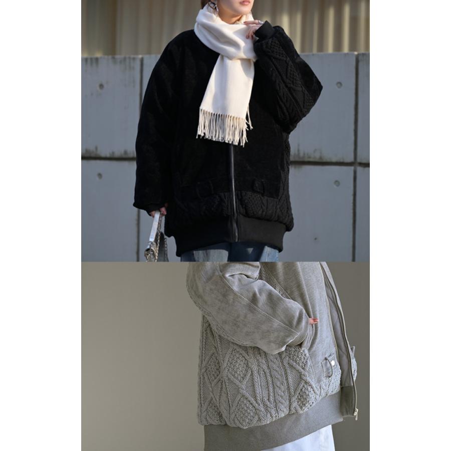 アウター ブルゾン ニット コーデュロイ 中綿 レディース MA-1 コート ジャケット ロング ロングアウター 異素材 ドッキング お尻が隠れる リブ 長袖 コクーン | HUG.U | 17