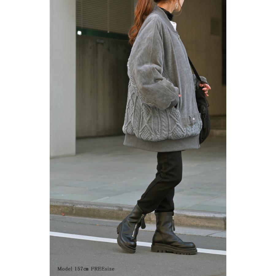 アウター ブルゾン ニット コーデュロイ 中綿 レディース MA-1 コート ジャケット ロング ロングアウター 異素材 ドッキング お尻が隠れる リブ 長袖 コクーン | HUG.U | 09