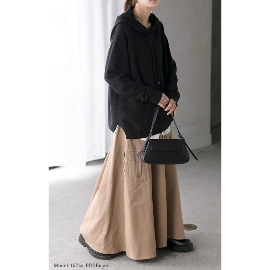 パーカー ニット リブニット レディース トップス チュニック ロング お尻が隠れる 変形 ストレッチ フード フーディー ラグランスリーブ リブ | HUG.U | 21