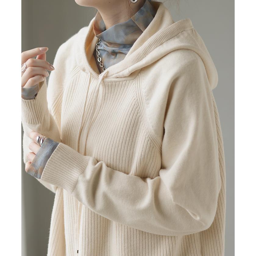 パーカー ニット リブニット レディース トップス チュニック ロング お尻が隠れる 変形 ストレッチ フード フーディー ラグランスリーブ リブ | HUG.U | 23