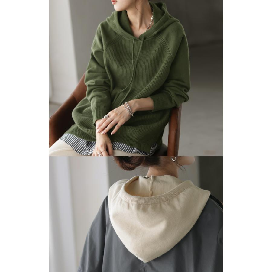 パーカー ニット リブニット レディース トップス チュニック ロング お尻が隠れる 変形 ストレッチ フード フーディー ラグランスリーブ リブ | HUG.U | 07