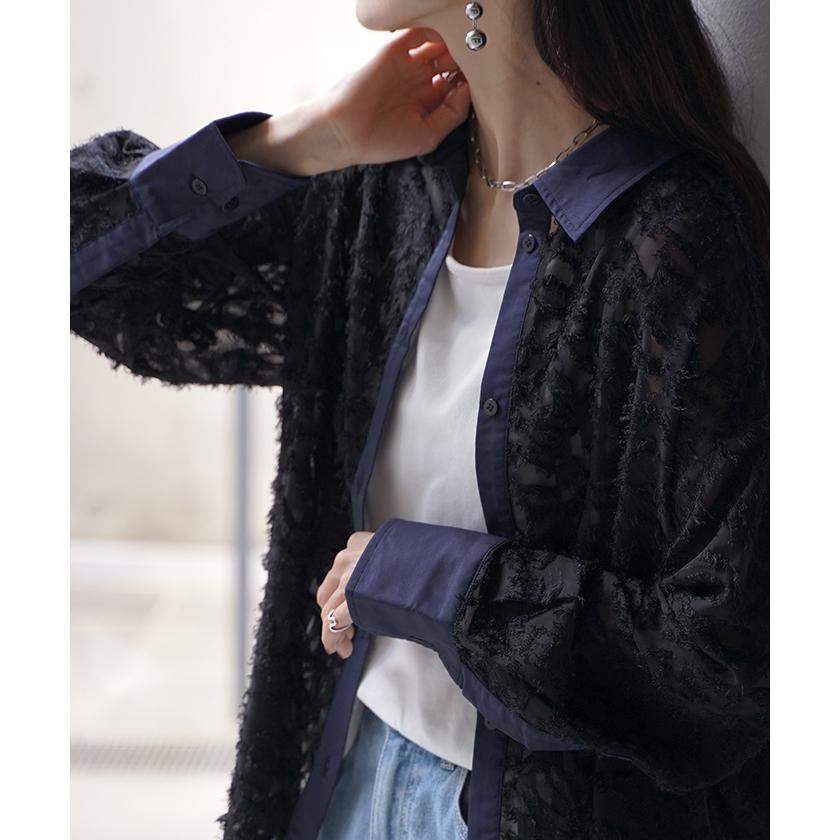 シャツ ジャガード シアー ロング ロングシャツ レディース チュニック フリンジ ブラウス トップス 長袖 フリンジシャツ 総柄 柄シャツ カラーシャツ 羽織 | HUG.U | 18