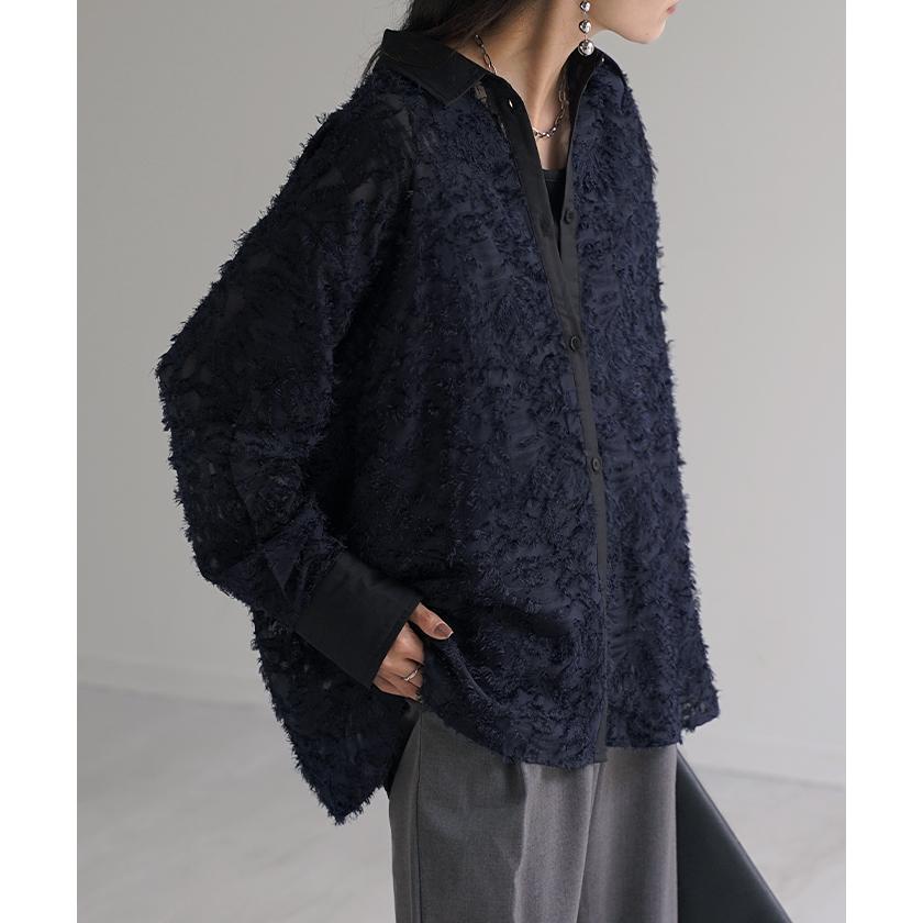 シャツ ジャガード シアー ロング ロングシャツ レディース チュニック フリンジ ブラウス トップス 長袖 フリンジシャツ 総柄 柄シャツ カラーシャツ 羽織 | HUG.U | 04
