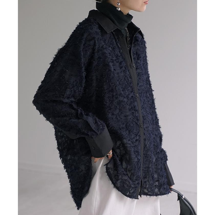 シャツ ジャガード シアー ロング ロングシャツ レディース チュニック フリンジ ブラウス トップス 長袖 フリンジシャツ 総柄 柄シャツ カラーシャツ 羽織 | HUG.U | 07