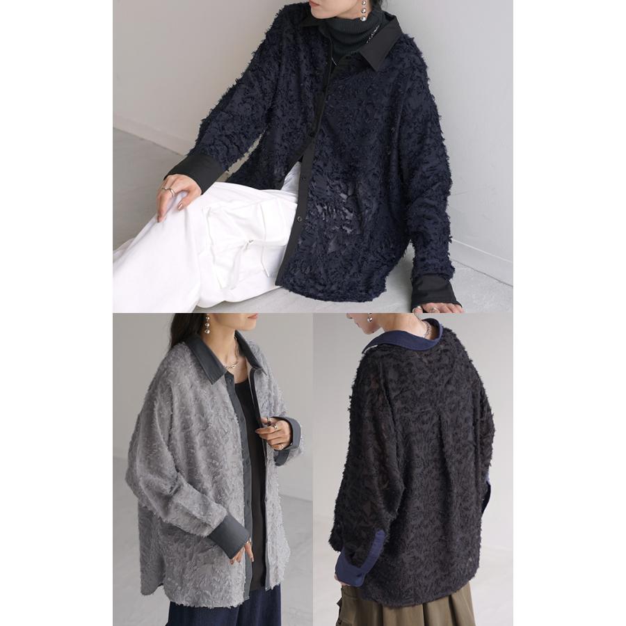 シャツ ジャガード シアー ロング ロングシャツ レディース チュニック フリンジ ブラウス トップス 長袖 フリンジシャツ 総柄 柄シャツ カラーシャツ 羽織 | HUG.U | 10