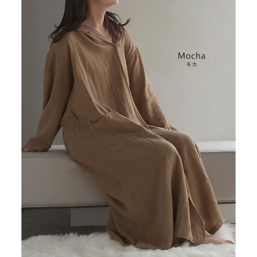 ルームウエア ダブルガーゼ ガウン パジャマ 部屋着 ワンピース ロング レディース ロングワンピース ロングワンピ 綿100％ 長袖 ルームウェア | HUG.U | 18