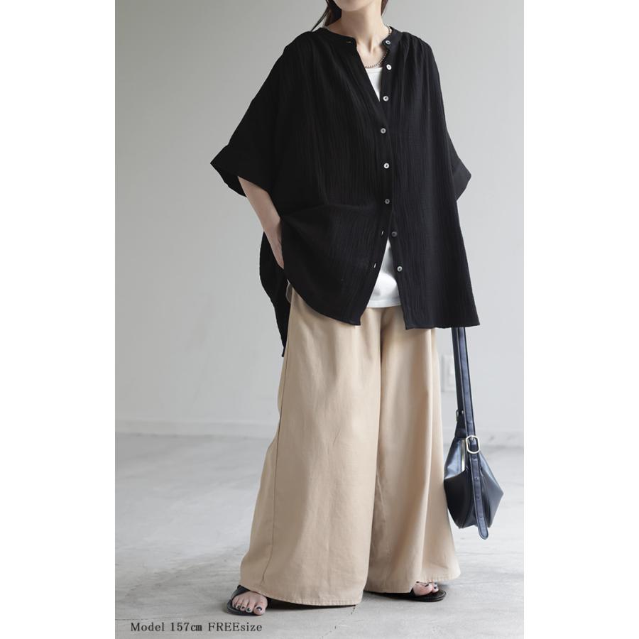 Tシャツ ダブルガーゼ 体型カバー レディース 綿100％ トップス ナチュラル ロング チュニック ブラウス ティーシャツ オーバーサイズ HUG.U