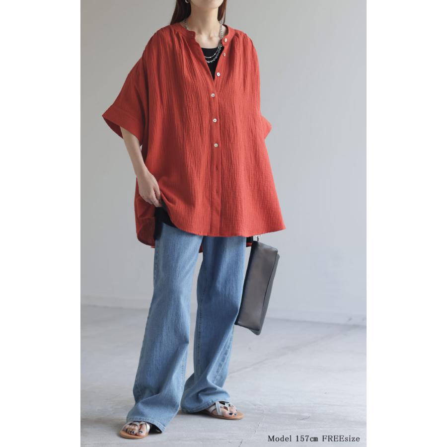 Tシャツ ダブルガーゼ 体型カバー レディース 綿100％ トップス ナチュラル ロング チュニック ブラウス ティーシャツ オーバーサイズ HUG.U | HUG.U | 08