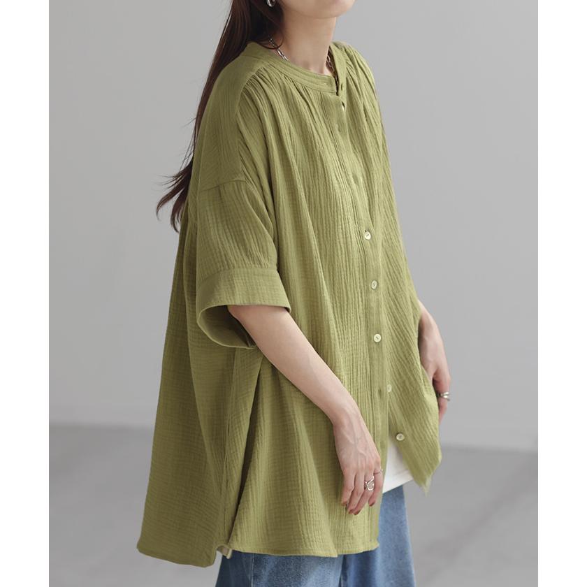 Tシャツ ダブルガーゼ 体型カバー レディース 綿100％ トップス ナチュラル ロング チュニック ブラウス ティーシャツ オーバーサイズ HUG.U