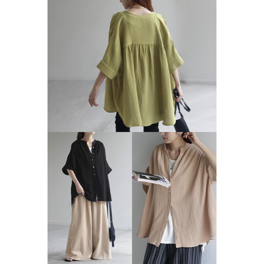 Tシャツ ダブルガーゼ 体型カバー レディース 綿100％ トップス ナチュラル ロング チュニック ブラウス ティーシャツ オーバーサイズ HUG.U