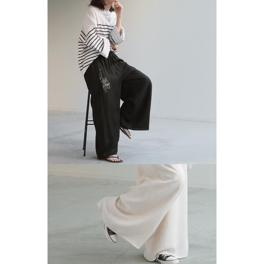 パンツ ワイド 刺繍 レディース ボトムス リネン 混 ワイドパンツ ロング ロングパンツ ロゴ 花柄 ボトム | HUG.U | 12