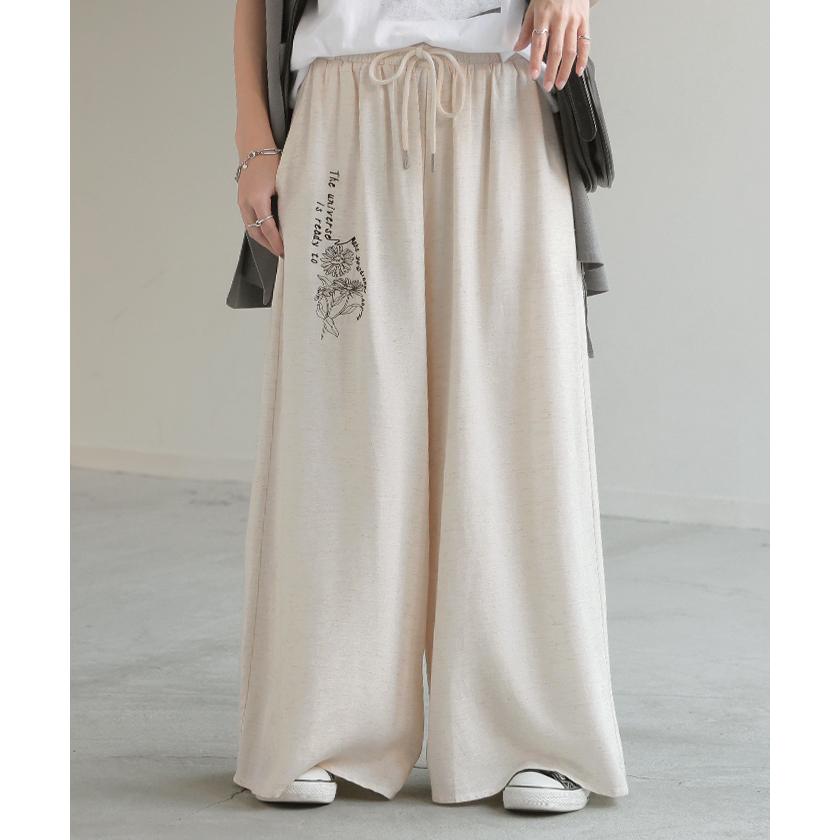 HUG.U パンツ ワイド 刺繍 レディース ボトムス リネン 混 ワイド