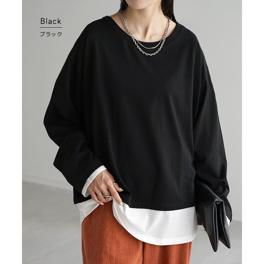 トップス ロンT レイヤード 風 レディース カットソー 重ね着 ティーシャツ 無地 長袖 Tシャツ ロング チュニック ビッグ ドルマン 大きいサイズ ゆる Uネック | HUG.U | 20