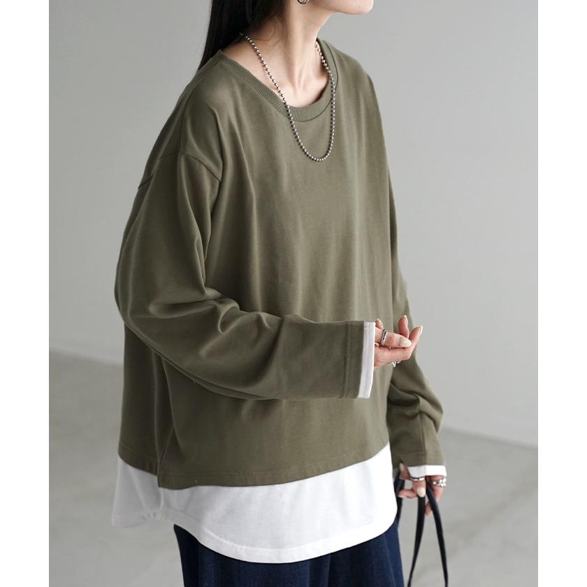 トップス ロンT レイヤード 風 レディース カットソー 重ね着 ティーシャツ 無地 長袖 Tシャツ ロング チュニック ビッグ ドルマン 大きいサイズ ゆる Uネック | HUG.U | 07