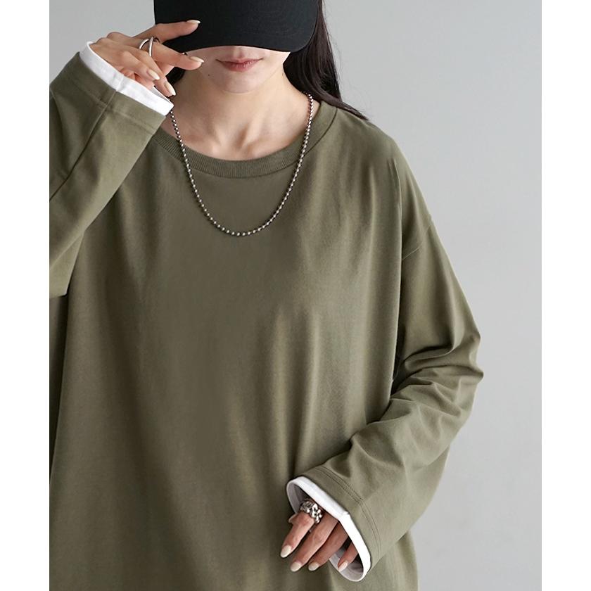 トップス ロンT レイヤード 風 レディース カットソー 重ね着 ティーシャツ 無地 長袖 Tシャツ ロング チュニック ビッグ ドルマン 大きいサイズ ゆる Uネック | HUG.U | 12