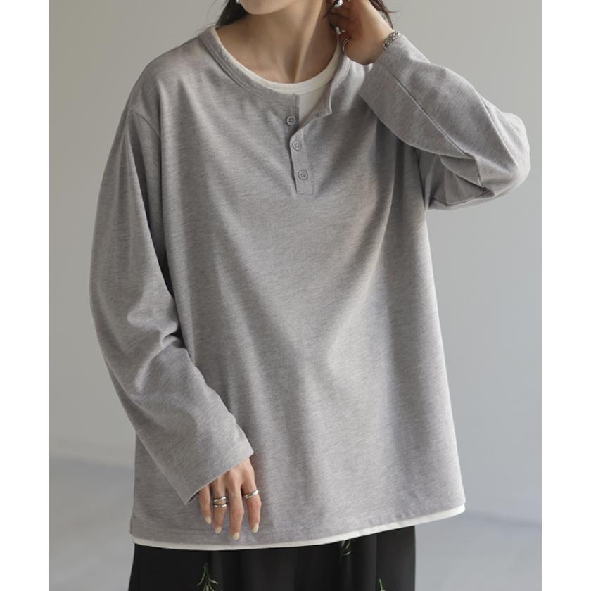 カットソー トップス ロンT Tシャツ 重ね着 風 レディース 長袖 レイヤード 風 チュニック 長い 付け裾 付け襟 | HUG.U | 09