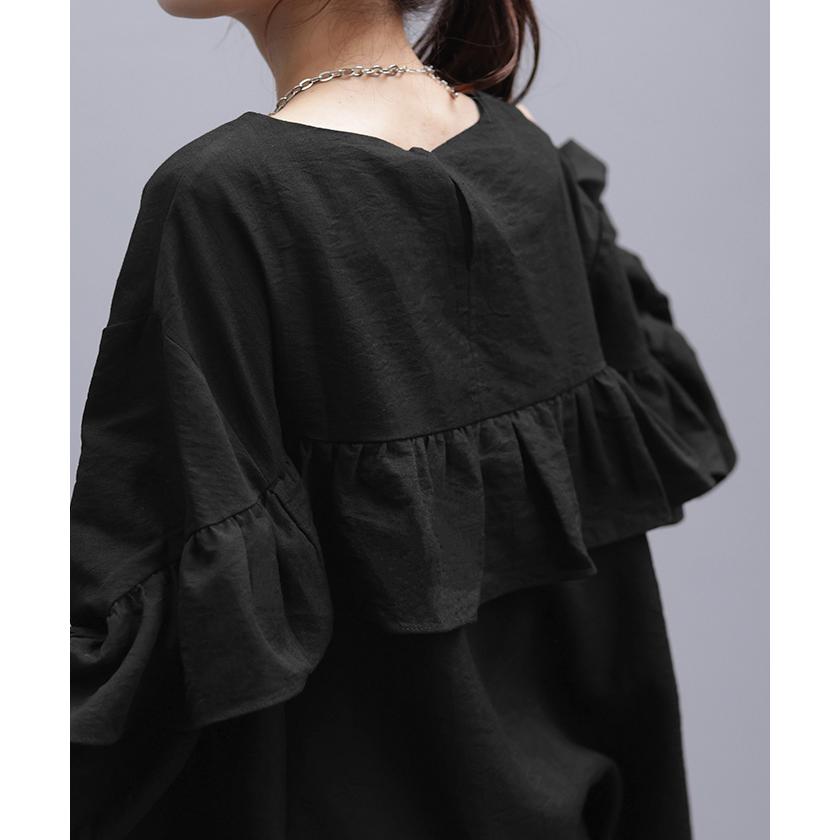 シャツ レディース トップス バックフリル フリル プルオーバー キーネック しわが目立ちにくい 体型カバー | HUG.U | 16