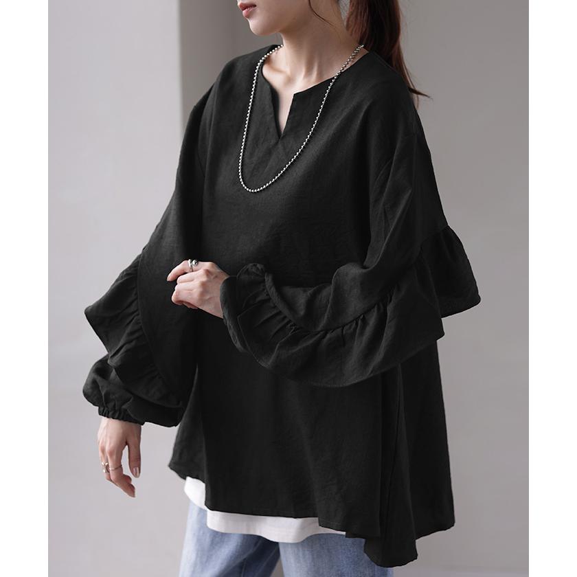 シャツ レディース トップス バックフリル フリル プルオーバー キーネック しわが目立ちにくい 体型カバー | HUG.U | 19