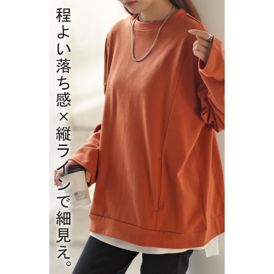 トップス ロンT Tシャツ 綿100％ ロング レディース カットソー 長袖 チュニック 無地 リブ ドロップショルダー お尻が隠れる 切り替えデザイン | HUG.U | 16