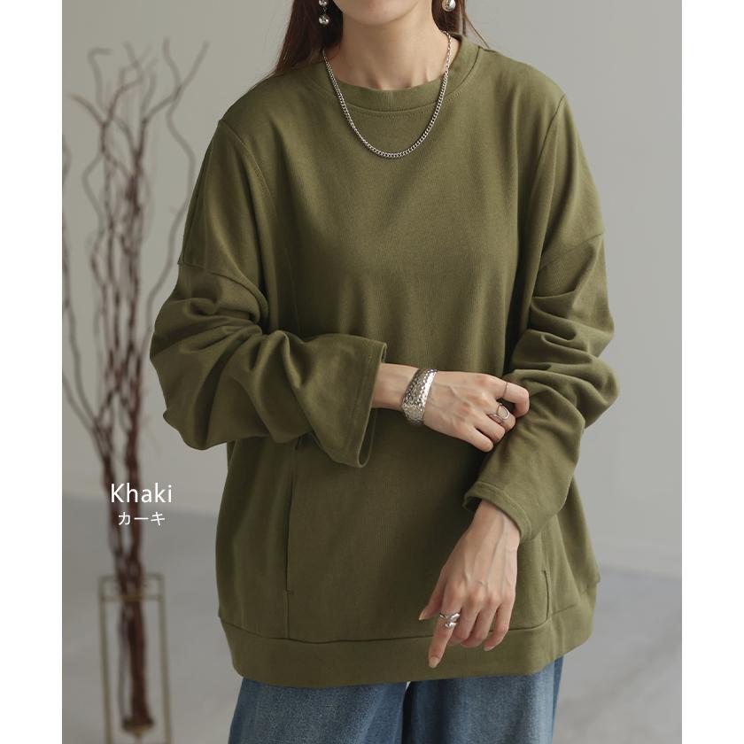 トップス ロンT Tシャツ 綿100％ ロング レディース カットソー 長袖 チュニック 無地 リブ ドロップショルダー お尻が隠れる 切り替えデザイン | HUG.U | 19