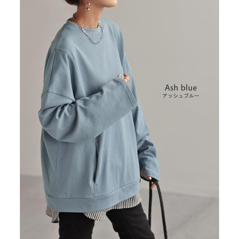 トップス ロンT Tシャツ 綿100％ ロング レディース カットソー 長袖 チュニック 無地 リブ ドロップショルダー お尻が隠れる 切り替えデザイン | HUG.U | 24