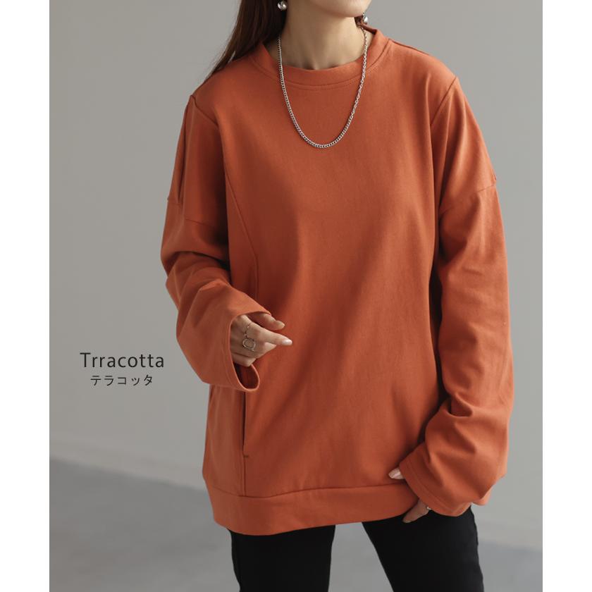 トップス ロンT Tシャツ 綿100％ ロング レディース カットソー 長袖 チュニック 無地 リブ ドロップショルダー お尻が隠れる 切り替えデザイン | HUG.U | 25