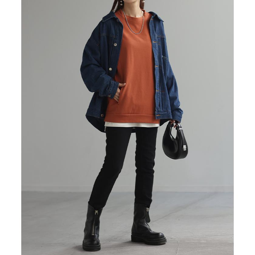 トップス ロンT Tシャツ 綿100％ ロング レディース カットソー 長袖 チュニック 無地 リブ ドロップショルダー お尻が隠れる 切り替えデザイン | HUG.U | 13