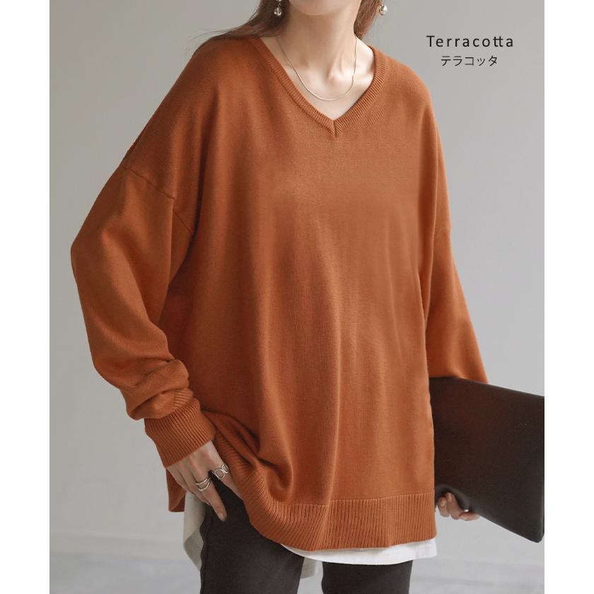 ニット 選べるネック ロング レディース トップス Vネック クルーネック Uネック 指穴 チクチクしない チュニック 薄い 長い ロンT カットソー リブ | HUG.U | 17