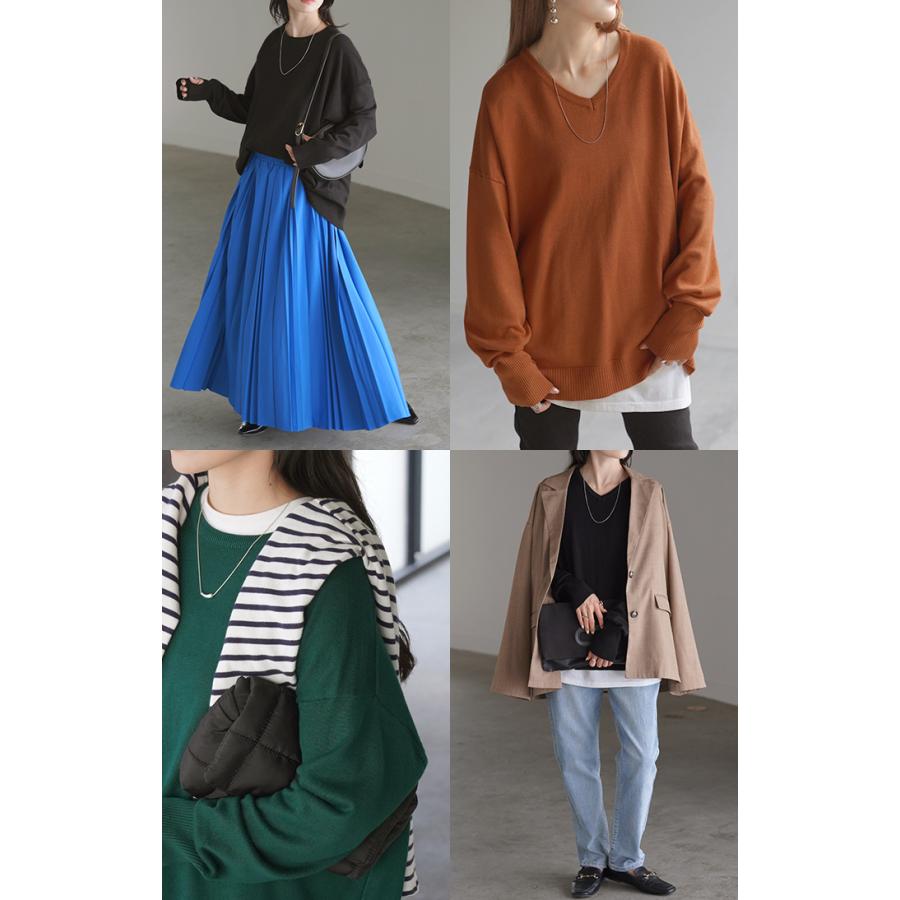 ニット 選べるネック ロング レディース トップス Vネック クルーネック Uネック 指穴 チクチクしない チュニック 薄い 長い ロンT カットソー リブ | HUG.U | 22