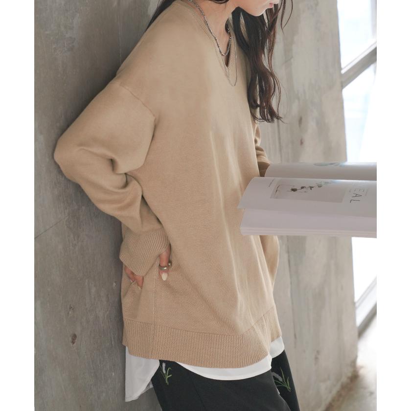 ニット 選べるネック ロング レディース トップス Vネック クルーネック Uネック 指穴 チクチクしない チュニック 薄い 長い ロンT カットソー リブ | HUG.U | 11