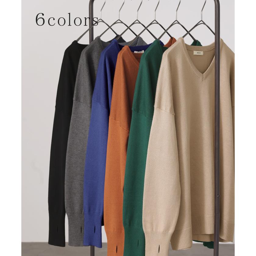 ニット 選べるネック ロング レディース トップス Vネック クルーネック Uネック 指穴 チクチクしない チュニック 薄い 長い ロンT カットソー リブ | HUG.U | 13