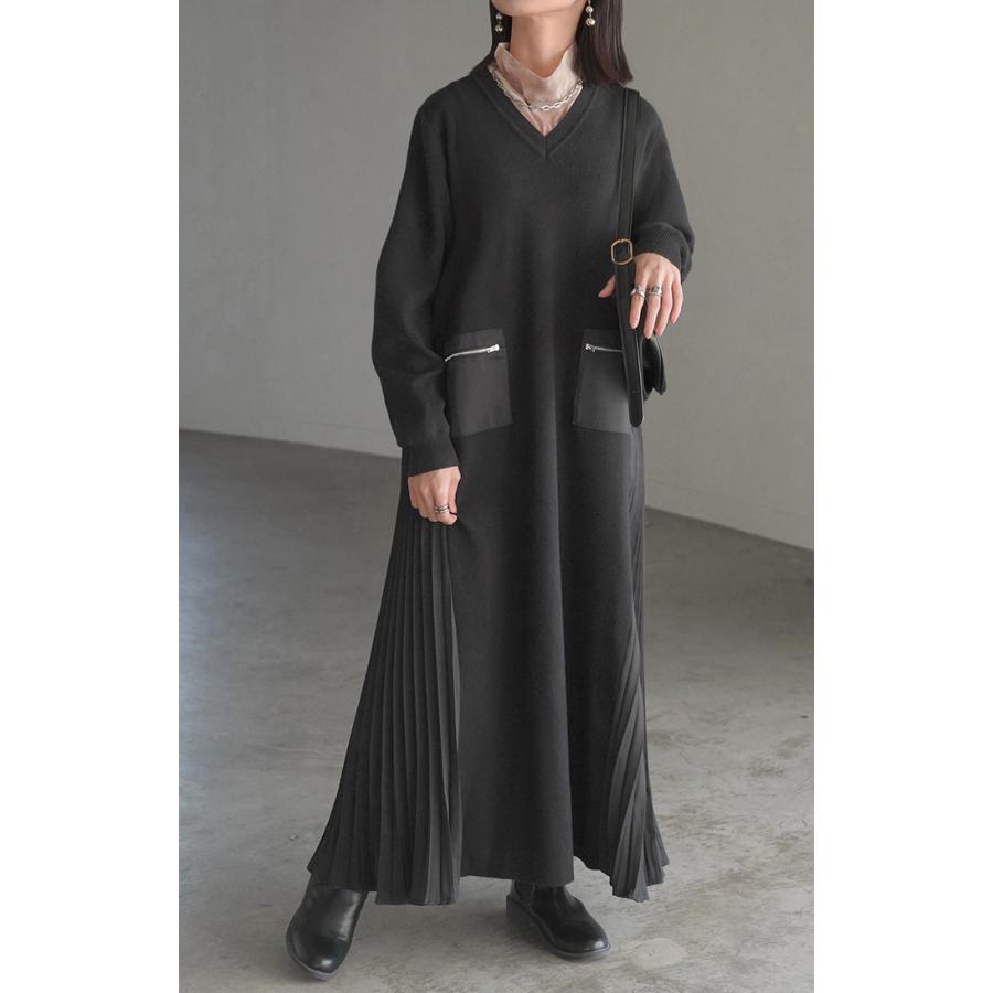 ワンピース ニット プリーツ ロング レディース 無地 長袖 Vネック ロングワンピース マキシ マキシワンピース ドッキング Aライン ドロップショルダー リブ | HUG.U | 16