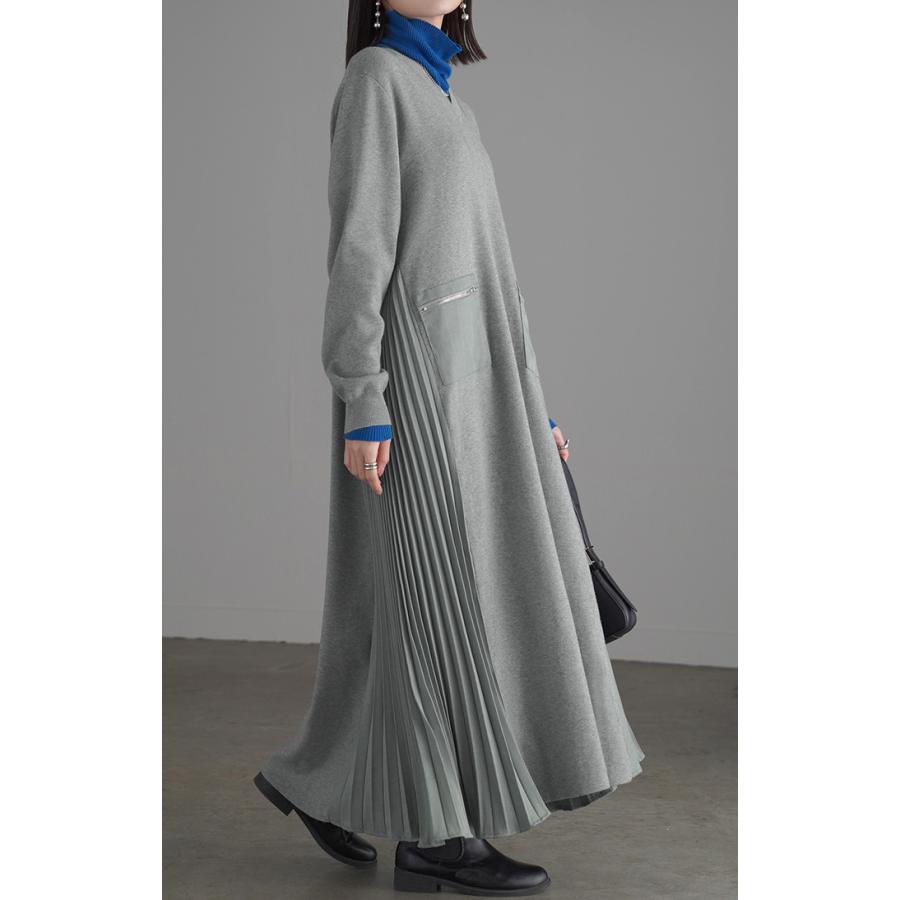 ワンピース ニット プリーツ ロング レディース 無地 長袖 Vネック ロングワンピース マキシ マキシワンピース ドッキング Aライン ドロップショルダー リブ | HUG.U | 18