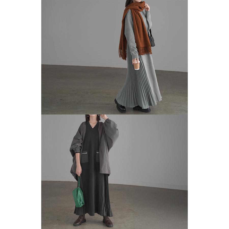 ワンピース ニット プリーツ ロング レディース 無地 長袖 Vネック ロングワンピース マキシ マキシワンピース ドッキング Aライン ドロップショルダー リブ | HUG.U | 19