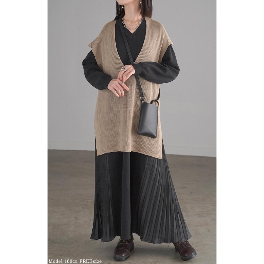 ワンピース ニット プリーツ ロング レディース 無地 長袖 Vネック ロングワンピース マキシ マキシワンピース ドッキング Aライン ドロップショルダー リブ | HUG.U | 20