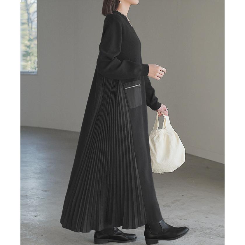 ワンピース ニット プリーツ ロング レディース 無地 長袖 Vネック ロングワンピース マキシ マキシワンピース ドッキング Aライン ドロップショルダー リブ | HUG.U | 06