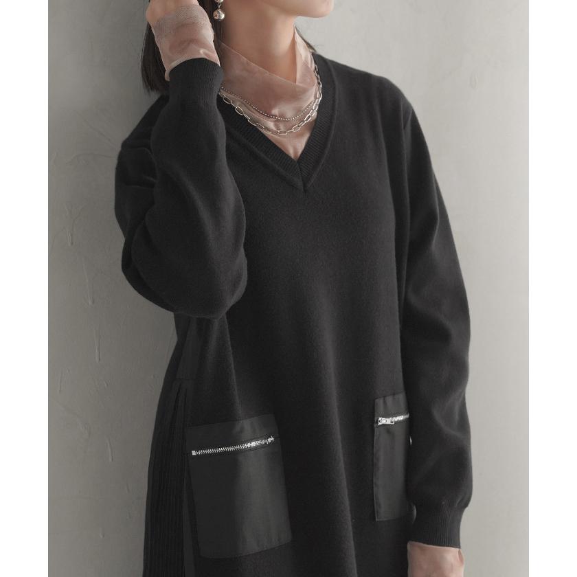 ワンピース ニット プリーツ ロング レディース 無地 長袖 Vネック ロングワンピース マキシ マキシワンピース ドッキング Aライン ドロップショルダー リブ | HUG.U | 08