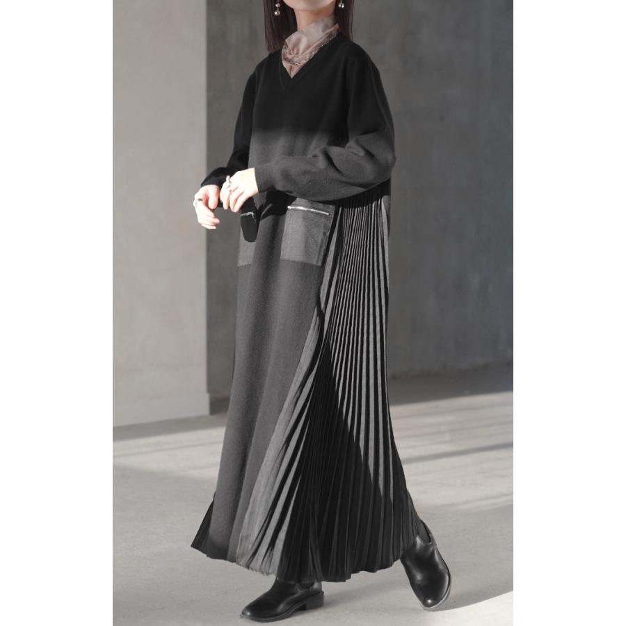 美品　プリーツプリーズ　近年　ロングワンピース　ハイネック　長袖　切替　グレー 美品 プリーツプリーズ 近年 ロングワンピース ハイネック 長袖